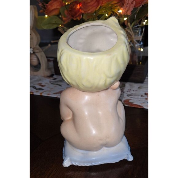 Vintage Velco Ceramic Baby Planter Figurine With Blonde Hair & Pillow Base - Picture 4 of 7
